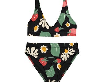 Erdbeer Blumendruck Recycled Bikini mit hoher Taille | Erdbeer Bikini | Floral fruchtig Badeanzug | Süßer Bikini | Fruchtiger Bikini | Erdbeere
