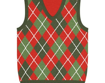 Rot & Grün Argyle Strickweste mit V-Ausschnitt | Retro Vintage Unisex Pullover | Pullover für die Familie | Weihnachtspullover | Urlaub Pullover