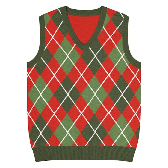 Red & Green Argyle Knit V-neck Vest | Retro Vintage Unisex Sweater | Sweater for Family | Christmas Sweater | Holiday Sweater