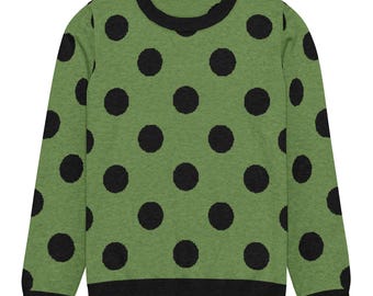 Grün-schwarzer Polka-Dot-Strickpullover mit Rundhalsausschnitt