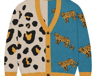 Colorblock Animal Print Strickjacke, Retro Pullover, Lustige Strickjacken, Vintage Pullover, Grafik Pullover, Süße Strickjacken