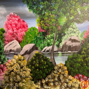 May include: Acrylic painting of a landscape featuring a serene lake surrounded by colorful trees and large gray rocks. The trees display shades of green, pink, and yellow, with a cloudy sky in the background. The artwork evokes a peaceful, natural scene.
