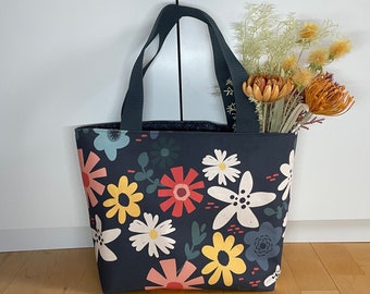 Shopper Bag (Dark Blue Color Flowers Print)