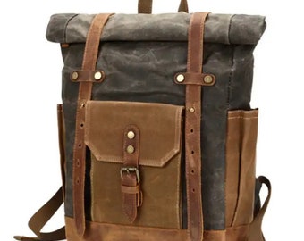 Waxed Canvas Rolltop Backpack - Stylish Leather Accents, Perfect for Laptops & Travel, Ideal Gift for Men