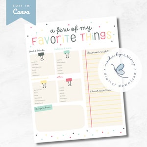 Teacher Favorite Things Survey, A Few of My Favorite Things, Back To School Questionnaire, Edit in Canva, Printable, INSTANT DOWNLOAD
