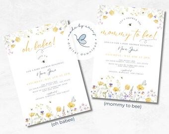 Mommy to Bee, Oh Babee, Baby Shower Invitation, Bee, Flower, Butterfly, Printable, DIGITAL DOWNLOAD