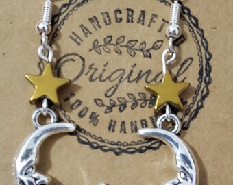 Crescent Moon and Stars French Hook Earrings