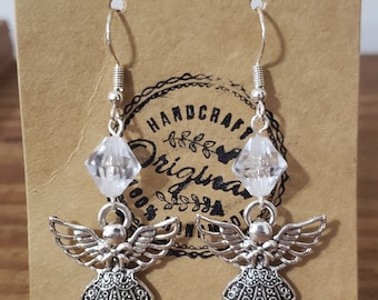 Angel French Hook Earrings with Clear Beads