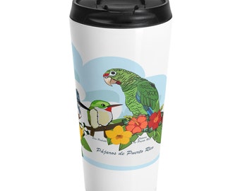 Birds of Puerto Rico Travel Mug. Pajaros de Puerto Rico taza de viaje.