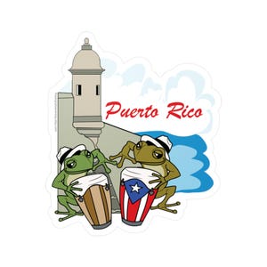 Puede incluir: Una ilustración de dibujos animados de dos ranas verdes tocando congas. Las ranas llevan sombreros y están frente a una imagen de dibujos animados de un fuerte y las palabras "Puerto Rico".