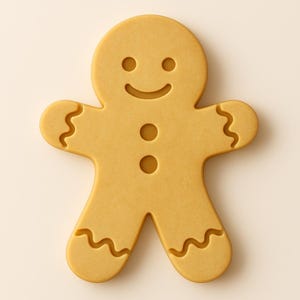 May include: A golden-brown gingerbread man cookie with a smiling face, three button details, and zig-zag patterns on the arms and legs. The cookie is a classic holiday treat.