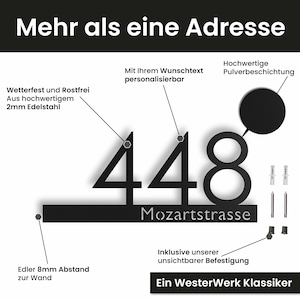 May include: Black metal house number plaque with the numbers 448 and the text "Mozartstrasse" on a black background. The plaque is mounted on a wall with screws. The plaque is weatherproof and rustproof, made of high-quality 2mm stainless steel, and has a powder-coated finish.