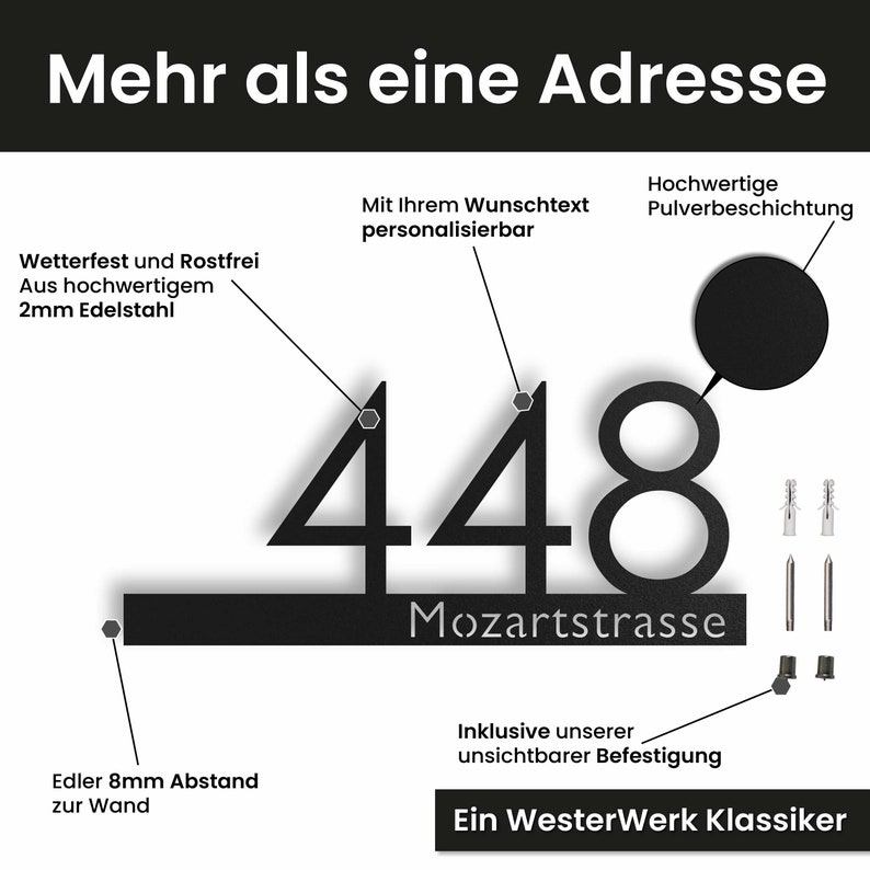 May include: Black metal house number plaque with the numbers 448 and the text "Mozartstrasse" on a black background. The plaque is mounted on a wall with screws. The plaque is weatherproof and rustproof, made of high-quality 2mm stainless steel, and has a powder-coated finish.