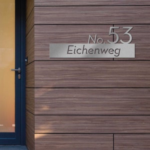 House Number with Street Name | Modern personalized house number sign in stainless steel | Weatherproof 2mm steel house number