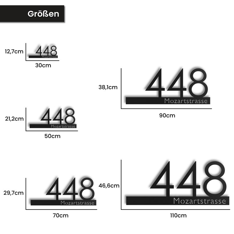 May include: Black house number sign with the number 448 and the street name Mozartstrasse. The sign is available in three sizes: 30cm x 12.7cm, 50cm x 21.2cm, and 70cm x 29.7cm.