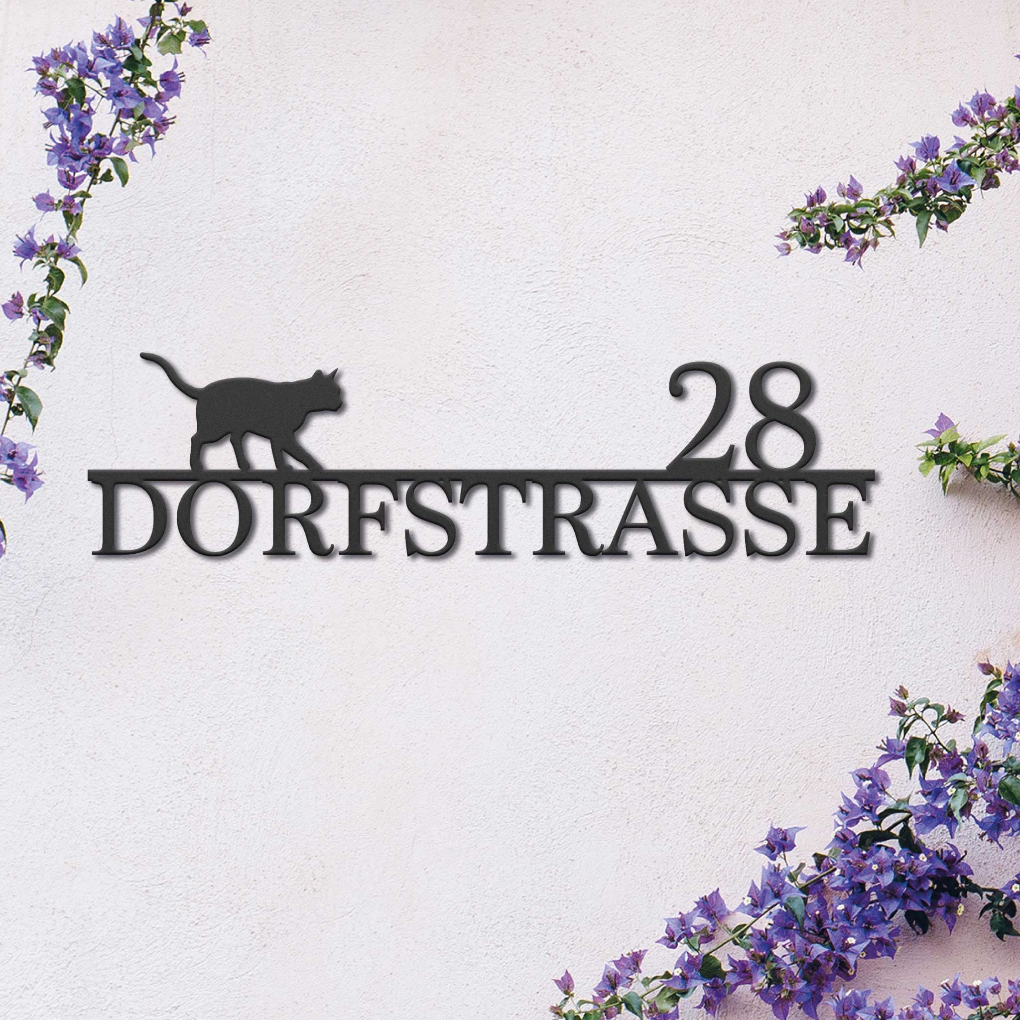 Personalized House Number with Cat | Modern house number sign in stainless steel | Large weatherproof 2mm steel number | Black | Anthracite