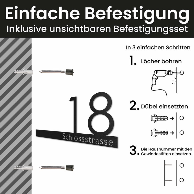 May include: A black metal house number '18' with the word 'Schlossstrasse' underneath. The image shows how to install the house number with a drill, anchors, and screws.