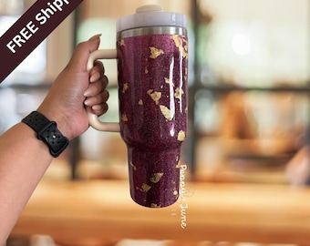 Custom Rasberry & Gold Glitter Stanley Tumbler Personalized Dupe Available