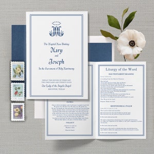 May include: A white wedding program with blue trim and text. The program includes the names Mary and Joseph, the date Friday, February 2nd, 2024, and the location Our Lady of the Angels Chapel, Houston, Texas. The program also includes the text "Liturgy of the Word" and a reading from the Book of Genesis. The program also includes the text "Responsorial Psalm" and a reading from Psalm 103.