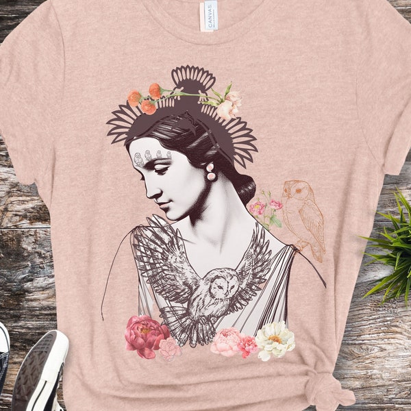 Owl and Peony Lady Shirt, Gift for Greek Mythology Lover, Ornithologist T-shirt, Floral Peony Boho Vibe Tee