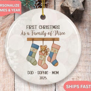 First Christmas As Family of Three Ornament: Personalized Patchwork Stockings Keepsake