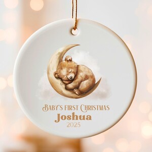 Baby&#39;s First Christmas Ornament, Teddy Bear Sleeping on Moon Personalized Keepsake