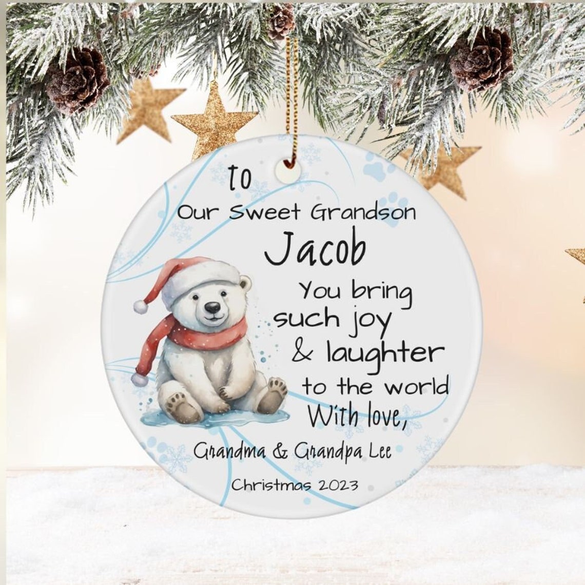 Personalized, Grandson Christmas Ornaments 2023, Baby Polar Bear