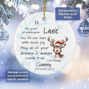 Personalized Great Granddaughter Christmas Ornament, From One great Grandparent, Reindeer Holiday Ornament, Christmas 2025, For Young Girl