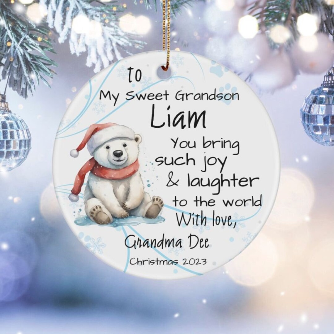 Personalized Grandson Christmas Ornaments 2023, Polar Bear Holiday