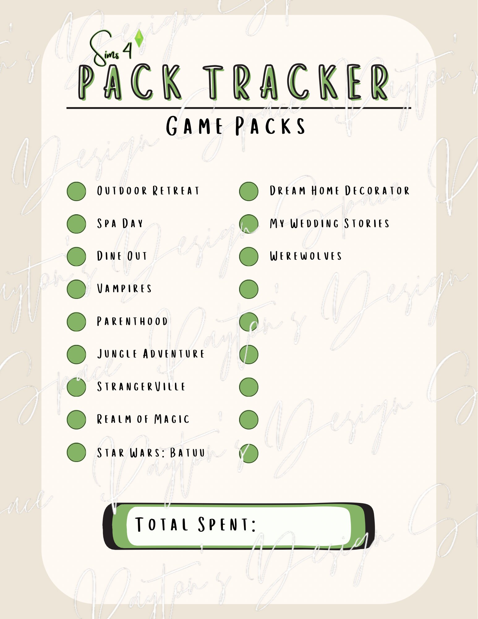 The Sims 4 Printable Pack Tracker, Expansion Pack Tracker, Sims 4