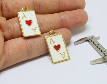 Pendentif carte à jouer en or brillant 24 carats 24 x 14 mm, pendentif collier émaillé, breloques cadeau joueur de poker, breloque as de coeur carte à jouer, bijoux poker,