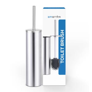 Op de afbeelding: Een roestvrijstalen toiletborstel met een cilindrische houder en een zwarte borstel. Het product wordt getoond met de verpakking, waarop de merknaam "EPISTAR" en de woorden "TOILET BRUSH" staan.