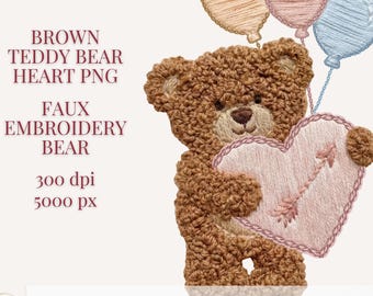 Brown Teddy Bear Heart PNG Faux Embroidery Clipart Nursery Wall Art Valentine Design