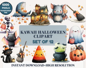 Conjunto de imágenes prediseñadas de Halloween kawaii: fantasma, murciélago y calabaza góticos pastel (descarga digital PNG)