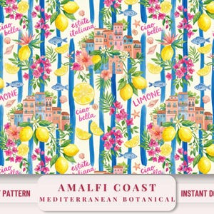 Amalfi Coast Pattern Coastal Wallpaper Iphone Android Tote Bag Design Italian Summer Mediterranean European Lemon Bougainvillea Seamless