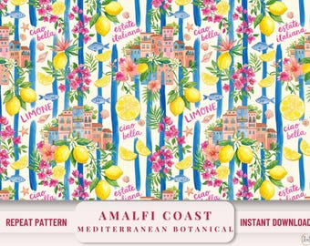 Amalfi Küste Muster Küsten Tapete Iphone Android Tragetasche Design Italienisch Sommer Mittelmeer Europäisch Zitrone Bougainvillea Nahtlos