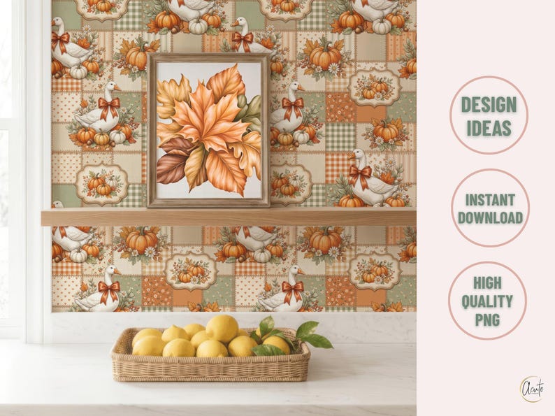 May include: A digital graphic design featuring a repeating pattern of white geese with orange bows, pumpkins, and autumn leaves. A framed print of orange and brown maple leaves sits on a wooden shelf above a woven basket filled with yellow lemons.