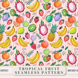 May include: A seamless pattern featuring illustrations of tropical fruits including pineapples, bananas, dragon fruits, strawberries, oranges, kiwis, and limes on a light pink background with vertical stripes and small black decorative marks.