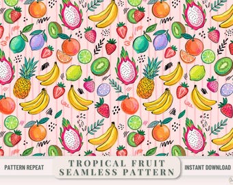 Tropical Fruit Pattern Seamless Repeating Printable Background Digital Download Summer Pineapple Illustration Design Pink Wallpaper Fabric