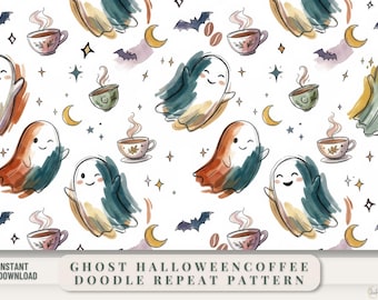 Halloween Background Digital Wrapping Paper Ghost Seamless Repeating Pattern Halloween Doodle Fall Coffee Bats Printable Commercial Use