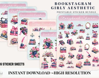 Printable Sticker Sheet Bundle Bookstagram Pink Book Stack Girly Aesthetic Reader Cricut Ready Bookish Scrap Booking Journal Digital
