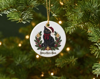 Black Cat Ornament Christmas Gift Gothic Tree Hanging Decoration Witchy Cat Lover Holiday Keepsake Ceramic Round Santa Kitty Spooky Home