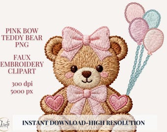 Pink Bow Teddy Bear DTF Faux Embroidery PNG Nursery Wall Art Valentine Design