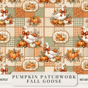 May include: A repeating pattern featuring white geese wearing orange bows, surrounded by pumpkins, autumn leaves, and flowers. The design is set against a patchwork background of checkered and floral squares in shades of orange, green, and cream.