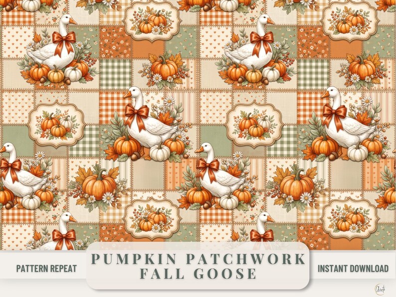 Fall Patchwork Pattern Seamless Design Digital Download White Geese Orange Pumpkin Cream Pumpkin Autumn Flowers Daisies Rust Bows Orange Gingham Sage Green Gingham Polka Dots Farmhouse Quilt Design Tote Bag Pattern Thanksgiving Craft