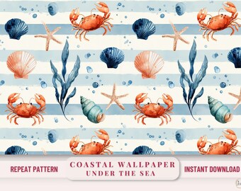 Coastal Wallpaper Pattern Printable Sea Creature Sealife Ocean Crab Seahorse Under Blue Stripe Bath Shower Curtain Striped Wall Covering