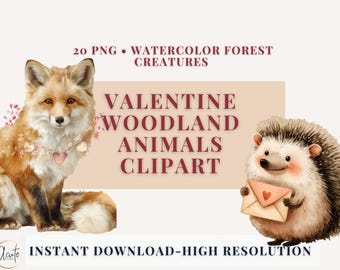 Woodland Creatures Valentines Clipart Set Watercolor Forest Animals PNG Sublimation Designs