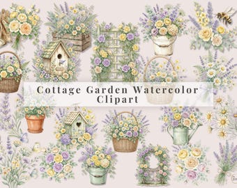Cottage Garden Watercolor Floral Clipart Botanical Illustration English Garden Lavender Clipart Wedding Invitation Commercial Use Greeting
