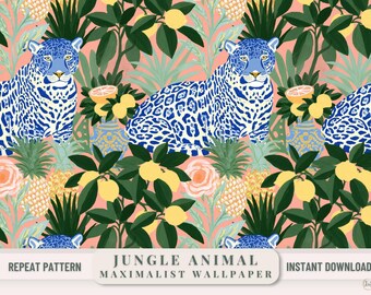 Jaguar Print Wallpaper Tropical Jungle Animal Maximalist Decor Citrus Fruit Pattern Repeat Printable background