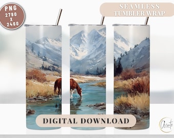 Mountain Landscape Horse Tumbler Wrap Western Sublimation Design